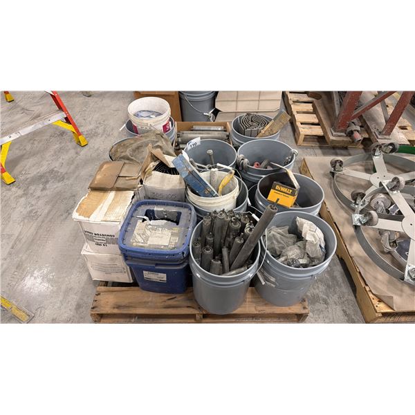 PALLET OF 5 GALLON BUCKETS FULL OF ASSORTED FASTENERS, EQUIPMENT PARTS AND SUPPLIES