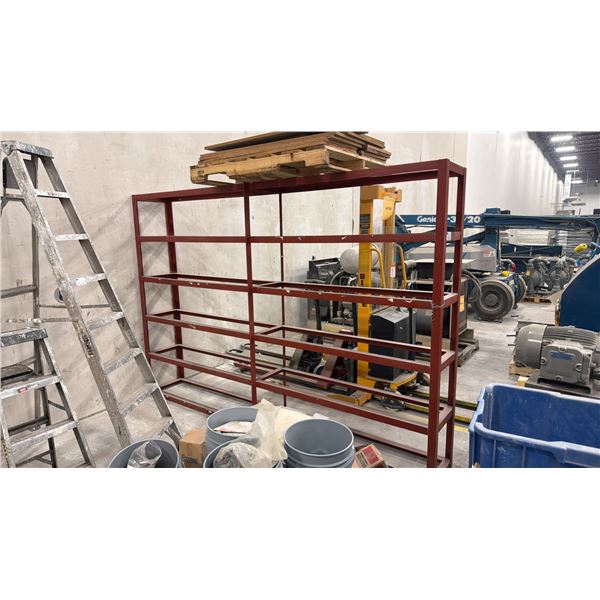 WELDED STEEL 6 TIER SHELF UNIT WITH WOODEN SHELVES - APPROX. 10FT ACROSS X 1 1/2FT WIDE X 7FT HIGH