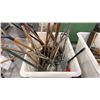 Image 3 : WHITE PLASTIC MOBILE BIN FILLED WITH ASSORTED BROOMS, SHOVELS. ETC