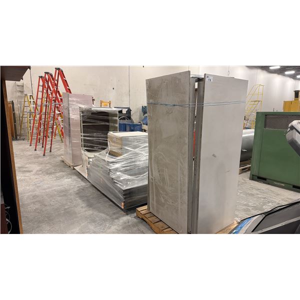 GROUP OF ASSORTED OFFICE FURNITURE - DESK, TABLES, CUBICLE WALL PANELS  (4 PALLETS)