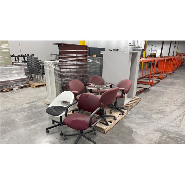 GROUP OF ASSORTED OFFICE FURNITURE - DESKS, CHAIRS, TABLE, CABINETS (4 PALLETS)