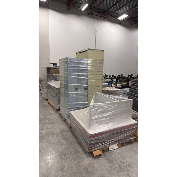 GROUP OF ASSORTED OFFICE FURNITURE - DESKS, SHELVES, LOCKERS CABINETS (4 PALLETS)