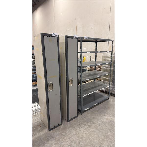 METAL SHELF UNIT 4FT X 2FT X 6FT HIGH AND 2 SINGLE DOOR LOCKERS
