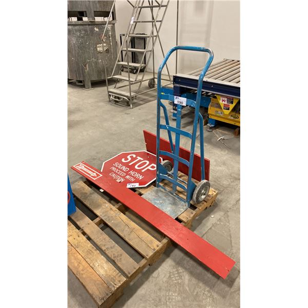BLUE SOLID WHEEL DOLLY AND SAFETY SIGNAGE
