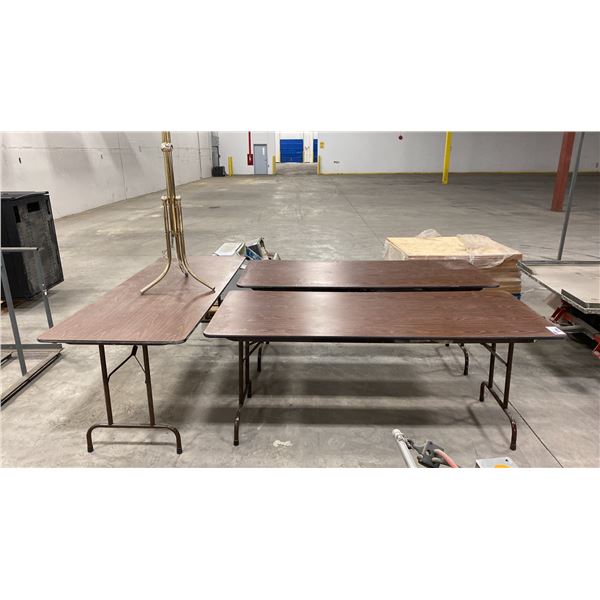 GROUP OF 3 FOLDING UTILITY TABLES (APPROX. 6FT X 2 1/2FT) AND BRASS COAT TREE