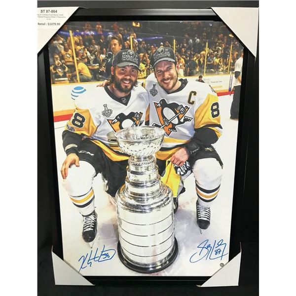 SIDNEY CROSBY AND KRIS LETANG SIGNED AND FRMAED 20 X 28 CANVAS (FRAMEWORTH COA)