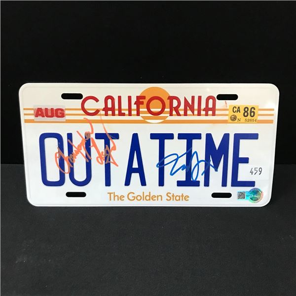 CHRISTOPHER LLOYD AND MICHAEL J FOX DUAL SIGNED OUTATIME LICENSE PLATE - WWOC COA