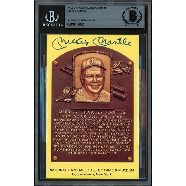 HALL OF FAME PLAQUE POSTCARD SIGNED BY MICKEY MANTLE - BECKETT COA
