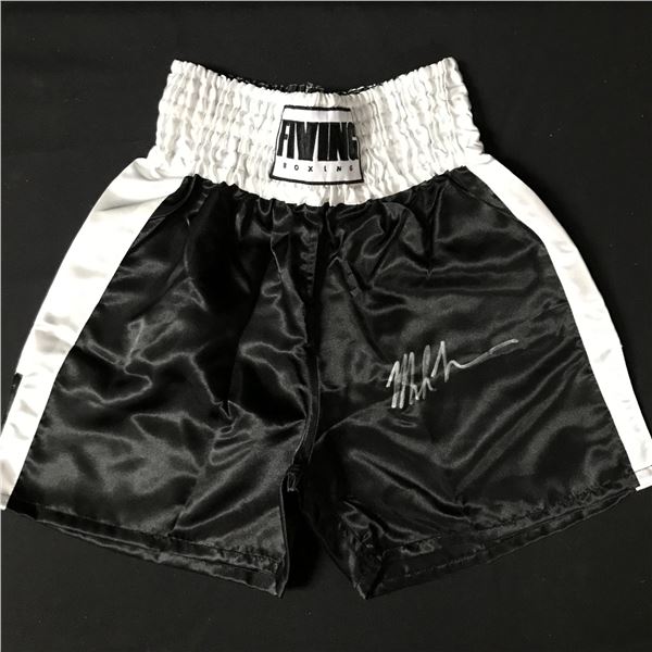 MIKE TYSON SIGNED BLACK BOXING SHORTS - WWOC COA