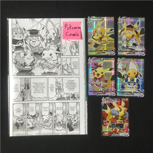 LOT OF 5 PIKACHU COSPLAY POKEMON CARDS AND COMIC