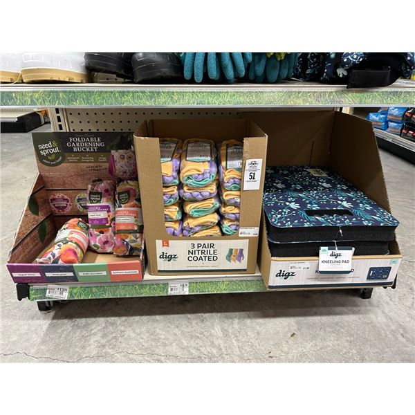 Shelf of Foldable Garden Bucket, Nitro Gloves, Kneeling Pads