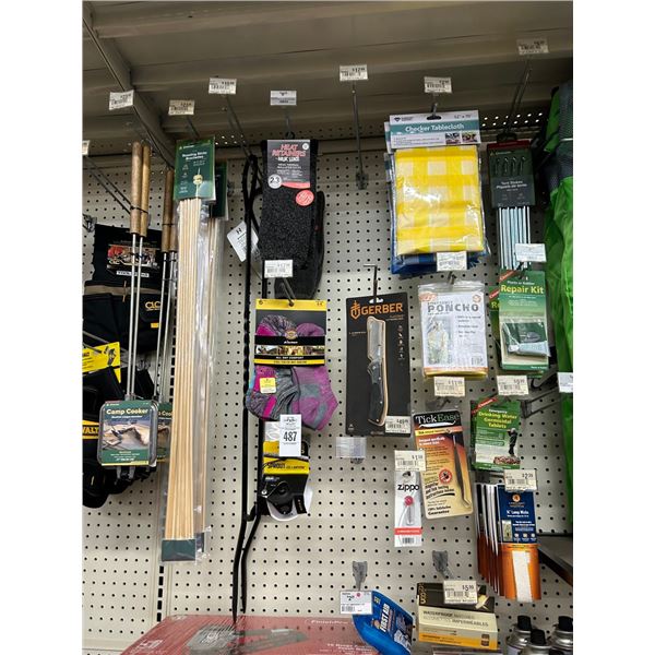 Asst. Camp Cookers, Roasting Sticks, Thermal Socks, Tablecloths, Gerber Folding Knife,