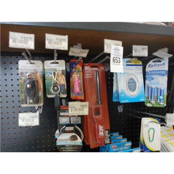 Key Chains, Tape, Batteries, Scissors on Pegs