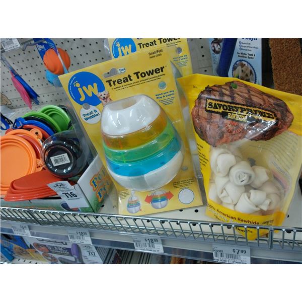 Pet Treats w/Dispensers, Pet Bowls on Shelf