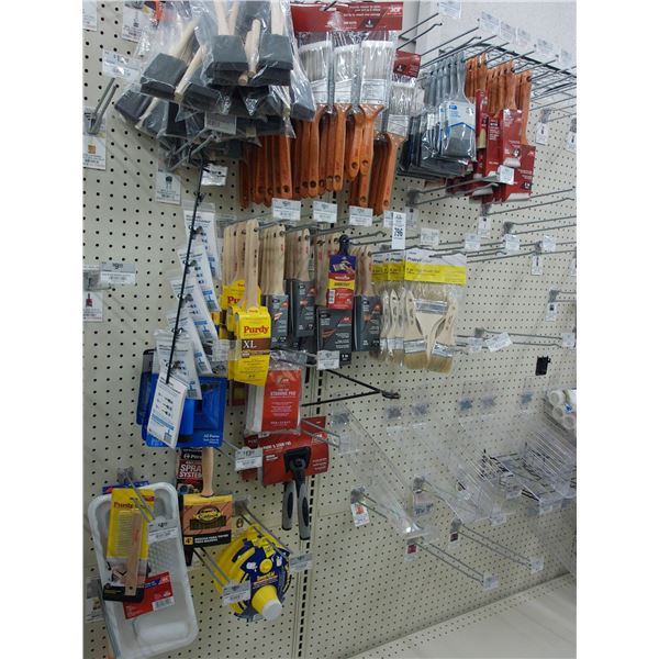 Large Lot Asst. Paint Brushes, Smart Lids, Roller Pans on Hooks