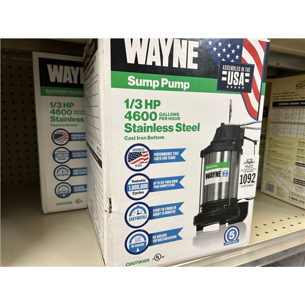 2-Wayne 1/3 HP SS  Sump Pumps - 2 X $