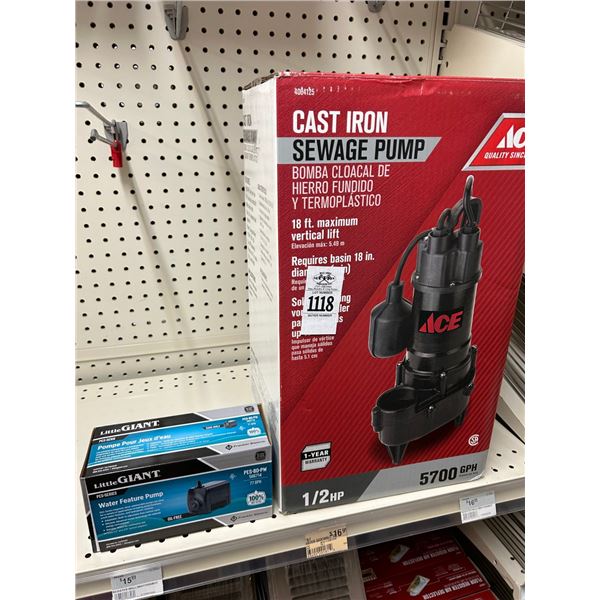 Ace Cast Iron  1/2 HP  Sewer Pump, Little Giant Water Feature Pump
