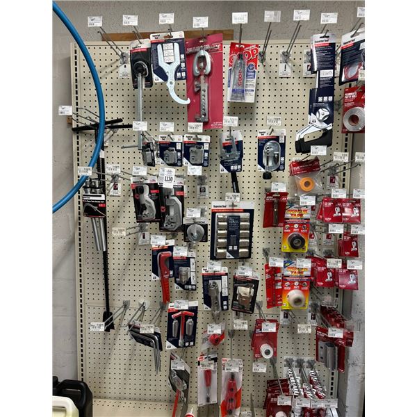 Pipe Cutter, Plumbers Saw, Seal Tape, Thread Compound, Accessories on Pegs