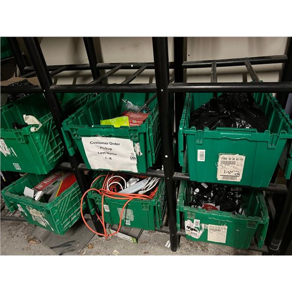 Green Totes 6 w/Cleansers, Ext. Cords, Floor Brushes, Asst. Supplies