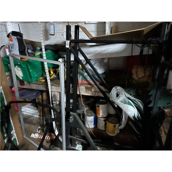 Shelving/Asst. Supplies, Cooler, Work Bench by Roll Up Door