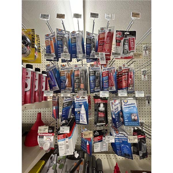Lot of Permatex Adhesive Sealants, Gasket Maker, Vinyl/Leather Repair, Others on Pegs