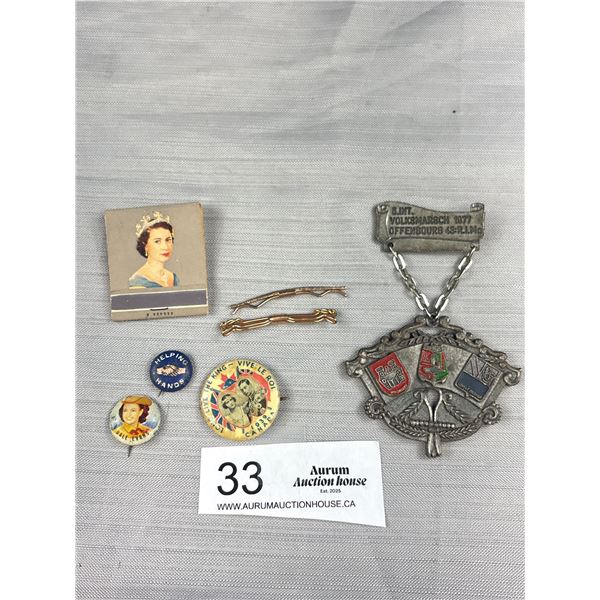Vintage Collectible Lot Queen Elizabeth Matchbook, Pins, Tie Clip, Etc