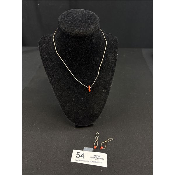 Vintage Genuine Liquid Silver Coral Navajo Necklace Earrings Set Nice!