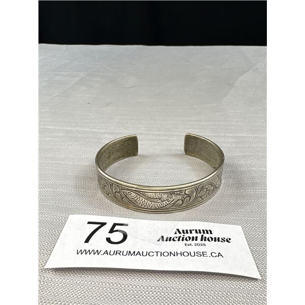 Heavy Silver Look Antique Engraved (Fish) Asian Bracelet