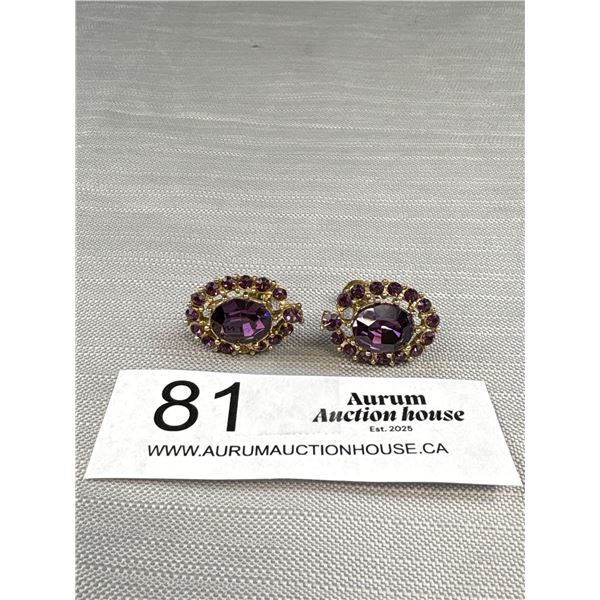 Nice Pair of Signed "Coro" Amethyst Rhinestone Earrings