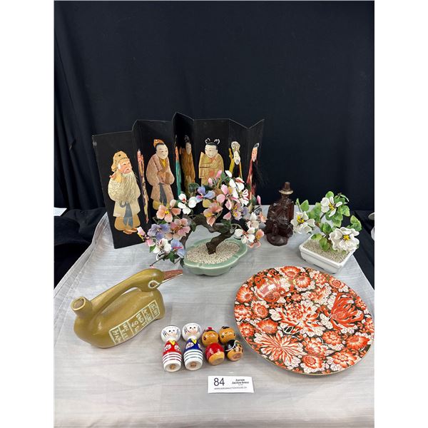 Nice Lot of Asian Collectables - Tabletop Screen, Carving, Plate, etc.