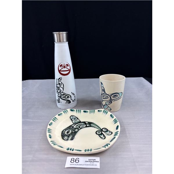 Vintage First Nations Collectables - Lambert Potteries Dish, Water Bottle & Glass