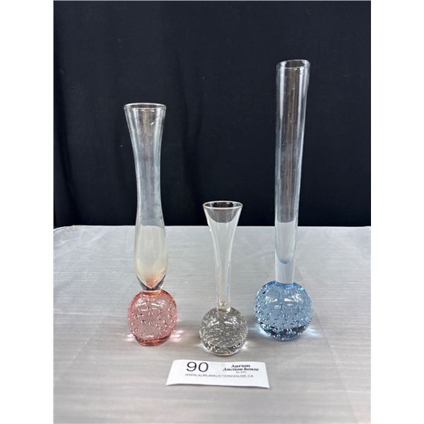 3 Vintage Blown Glass Controlled Bubble Base Vases