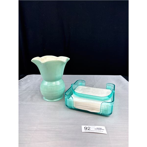Mid-Century Vase Made in England & Blue Lucite Basket Napkin Holder