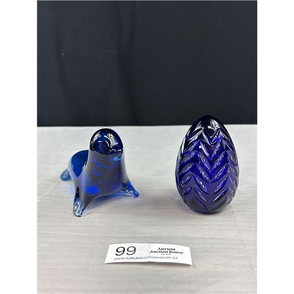 Vintage Wedgewood England Blown Glass Seal & Cut Cobalt Glass Egg