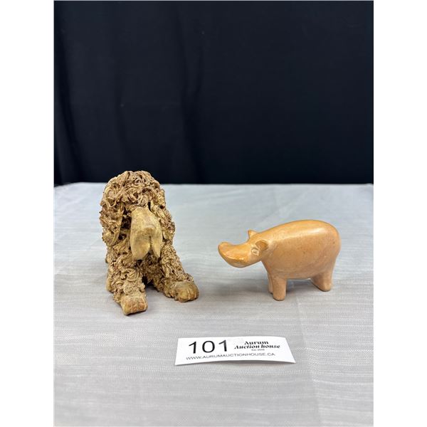 Mid-Century Spaghetti Hair Dog + Stone Hippo Figurines