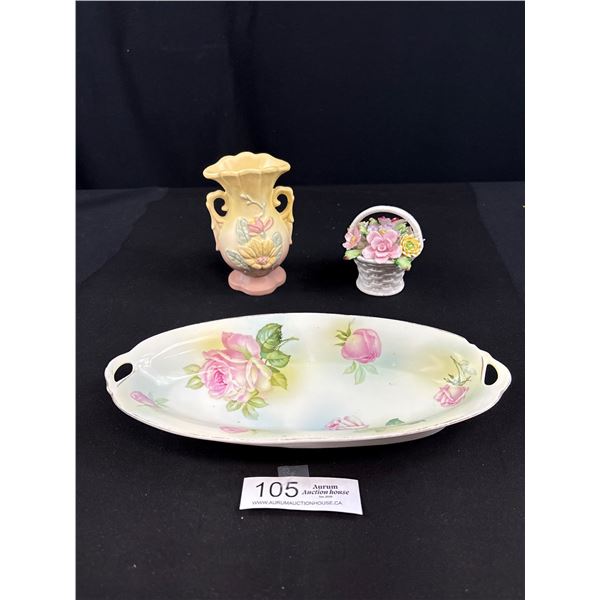 Pretty Vintage Hull Vase, Oval Dish (Bavaria) and Bone China Floral Basket