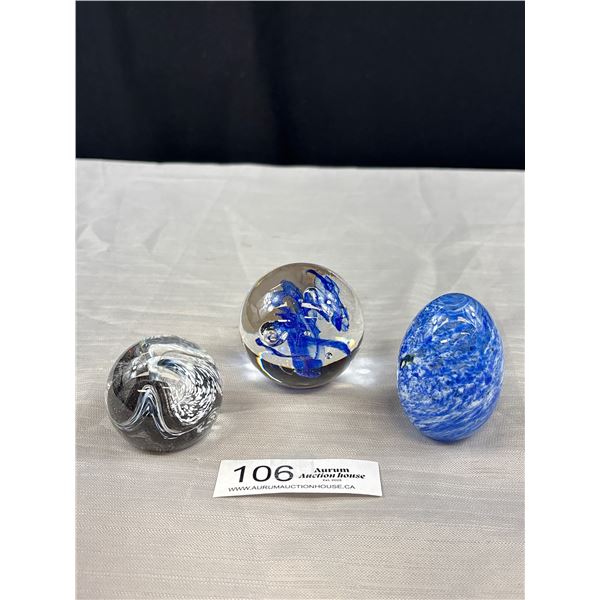 3 Vintage Blown Glass Paperweights (One Stickered Czech Republic)