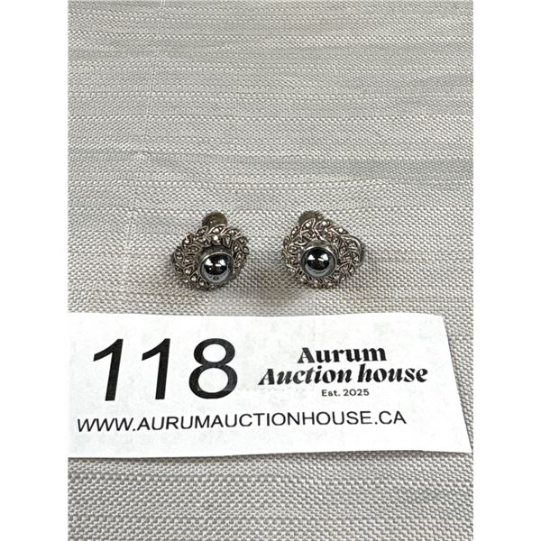 A Good Pair of 1950s Sterling Marcasite + Black Alasken Earrings
