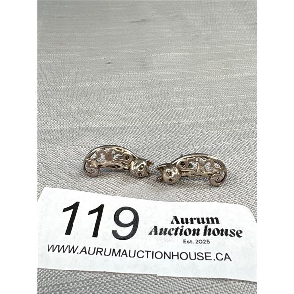Very Cute Pair of Heavy Sterling Silver Cat Earrings
