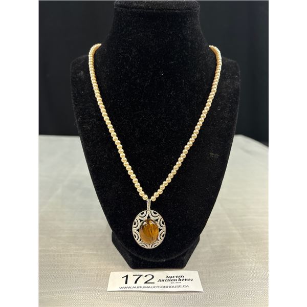 Stunning Genuine Tigers Eye Silver Pearl Necklace Signed