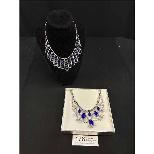 2x Exquisite Vintage Rhinestone Sapphire Bib Necklace Fantastic!