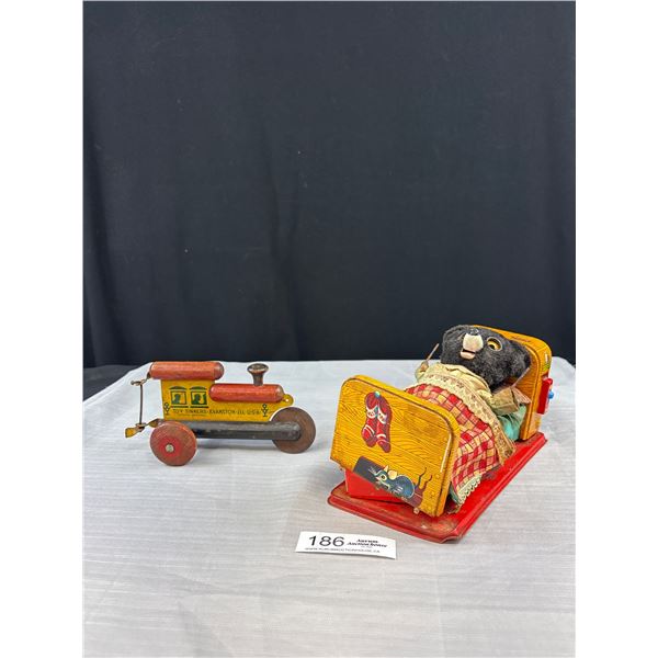 2 Vintage Toys Mechanical Bear in Bed and Toy Tinkers Wooden Train