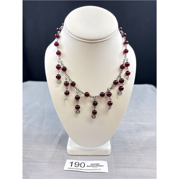 Vintage Silver w/ Dark Red Glass Beads Necklace