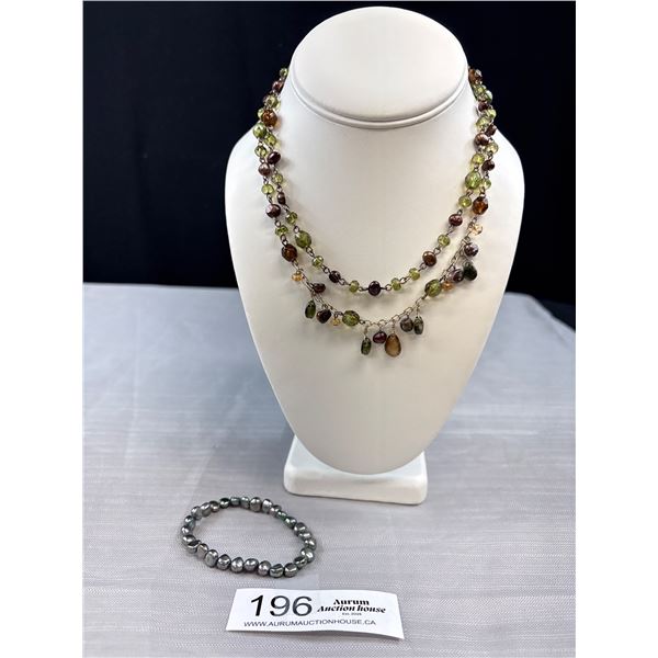 Black Cultured Freshwater Pearls + Glass Beads Necklace + Stretch Bracelet