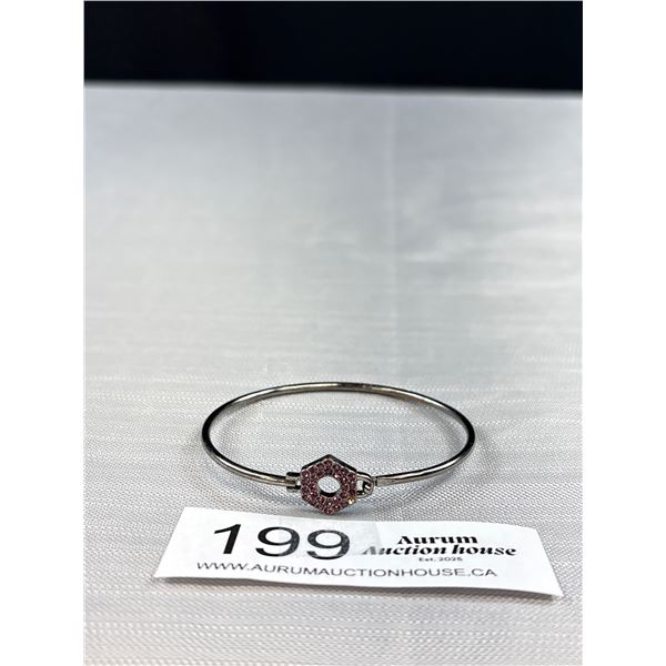 Vintage Silver Tone Bangle w/ Tiny Stones, Hinged