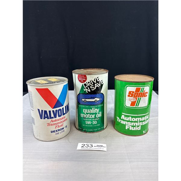 Lot of 3 Full Old Oil Cans Sonic, Valvoline, etc