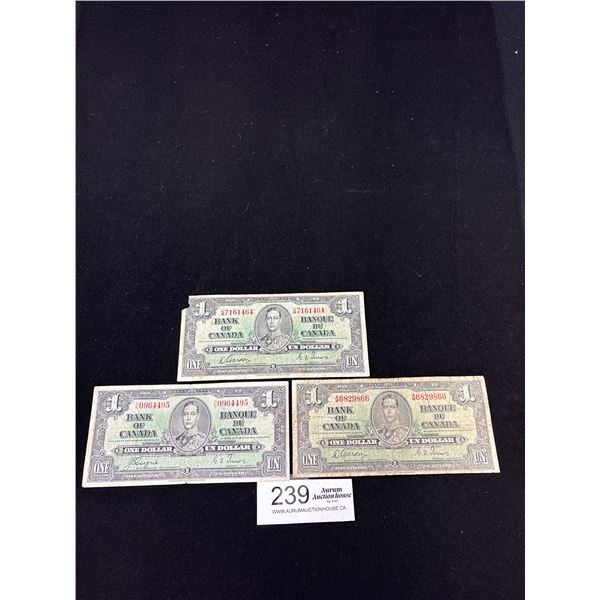 3 1937 Bank of Canada 1 Dollar Bank Notes