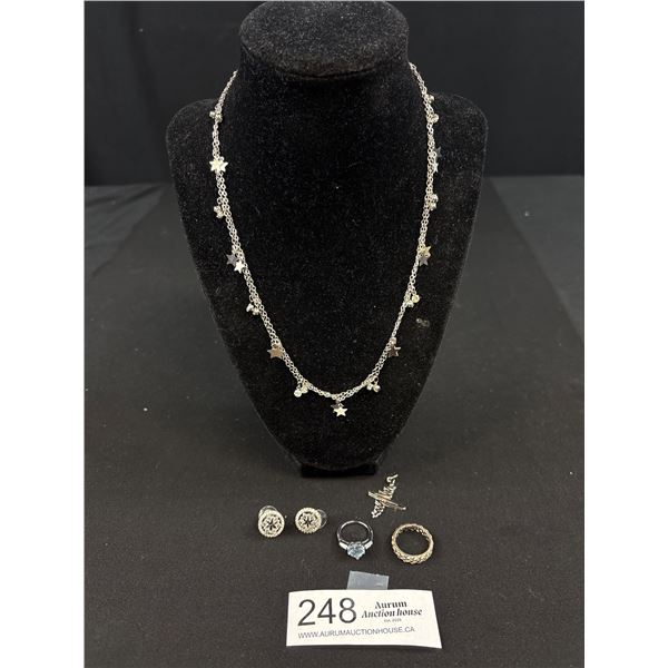 2 Silver Rings, Silver Necklace, Pair of Silver Earrings, Unmarked