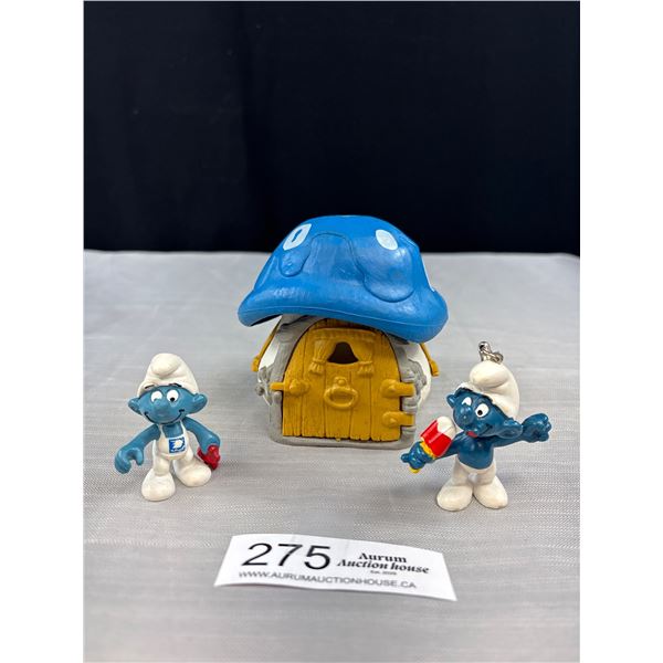 Vintage Smurf Lot (House + 2 Figures)