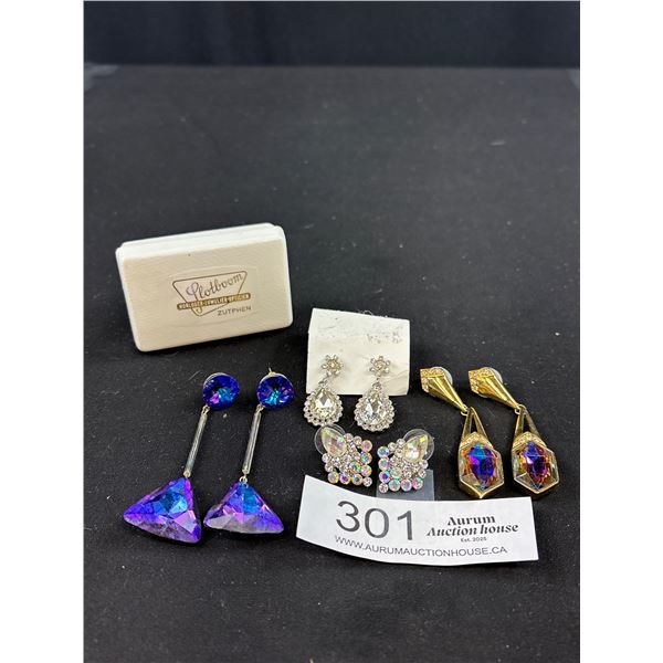 Stunning Vintage Rhinestone Runway Fashion Earring Lot, Quality!